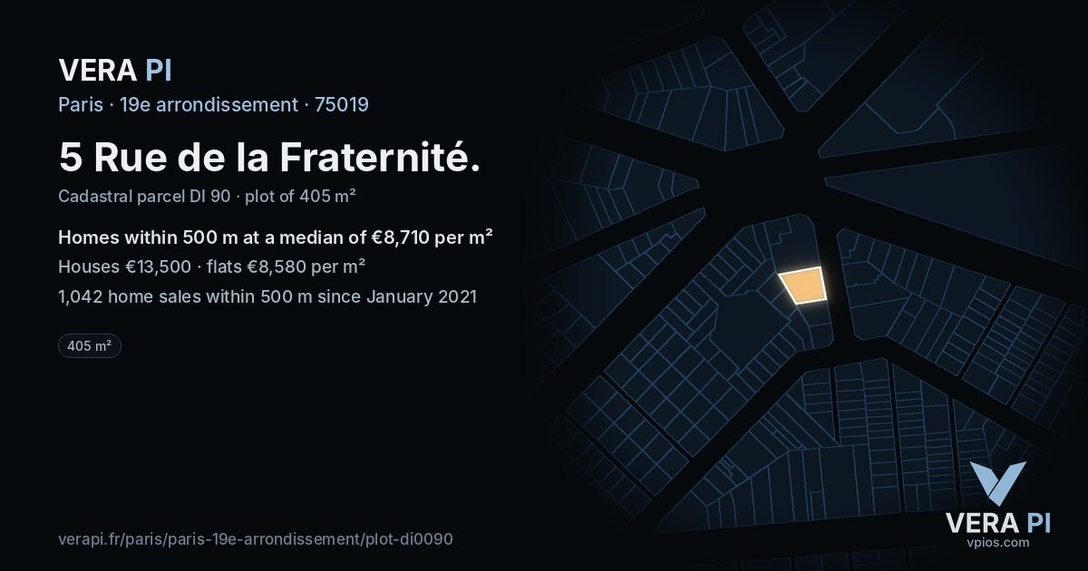 5 Rue de la Fraternité, 19e arrondissement at night – the plot lit, the parcels around coloured by the prices near them