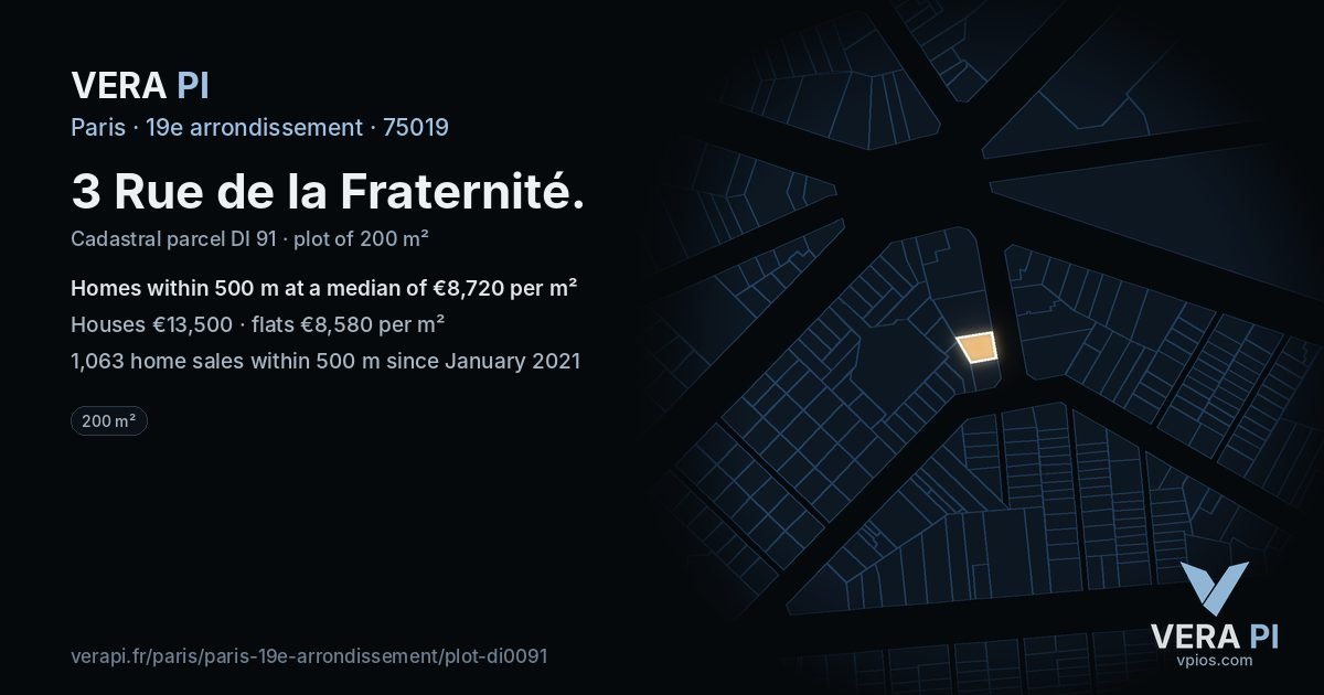 3 Rue de la Fraternité, 19e arrondissement at night – the plot lit, the parcels around coloured by the prices near them