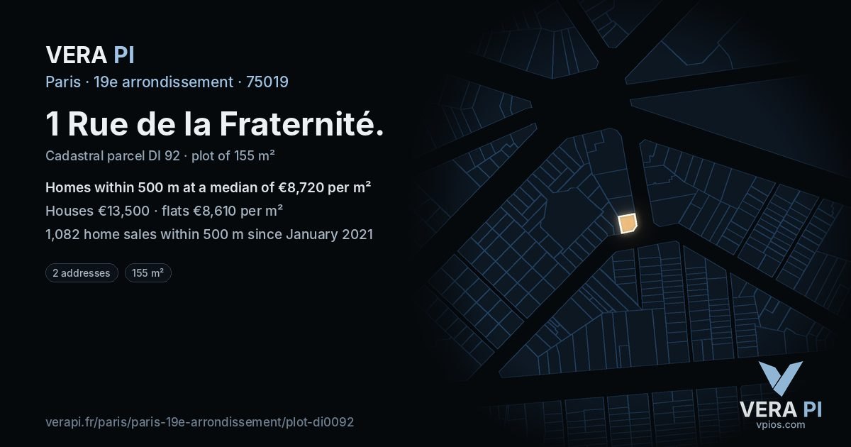 1 Rue de la Fraternité, 19e arrondissement at night – the plot lit, the parcels around coloured by the prices near them