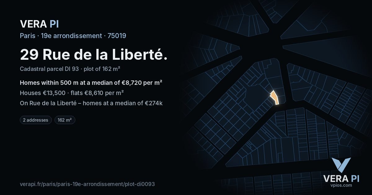 29 Rue de la Liberté, 19e arrondissement at night – the plot lit, the parcels around coloured by the prices near them