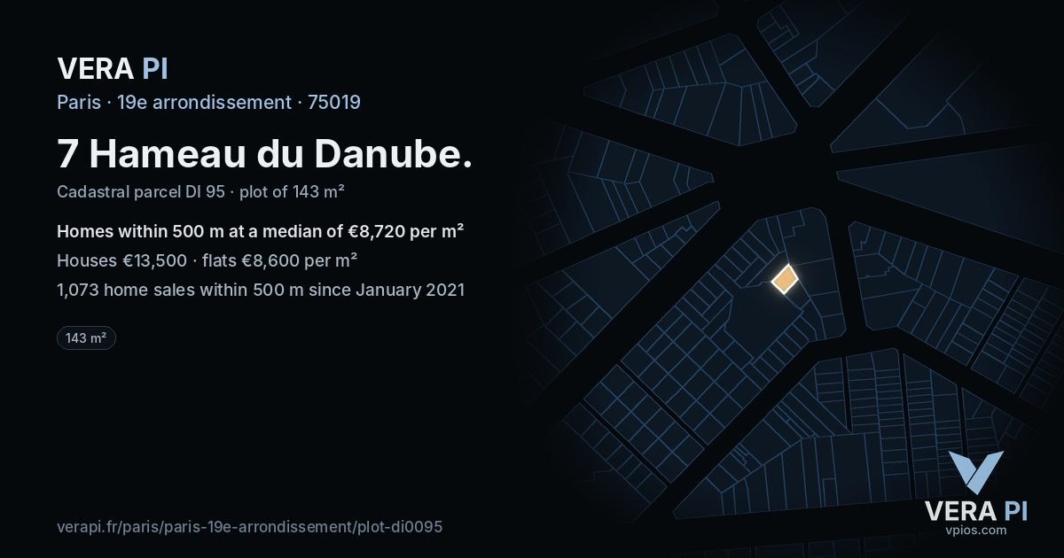 7 Hameau du Danube, 19e arrondissement at night – the plot lit, the parcels around coloured by the prices near them