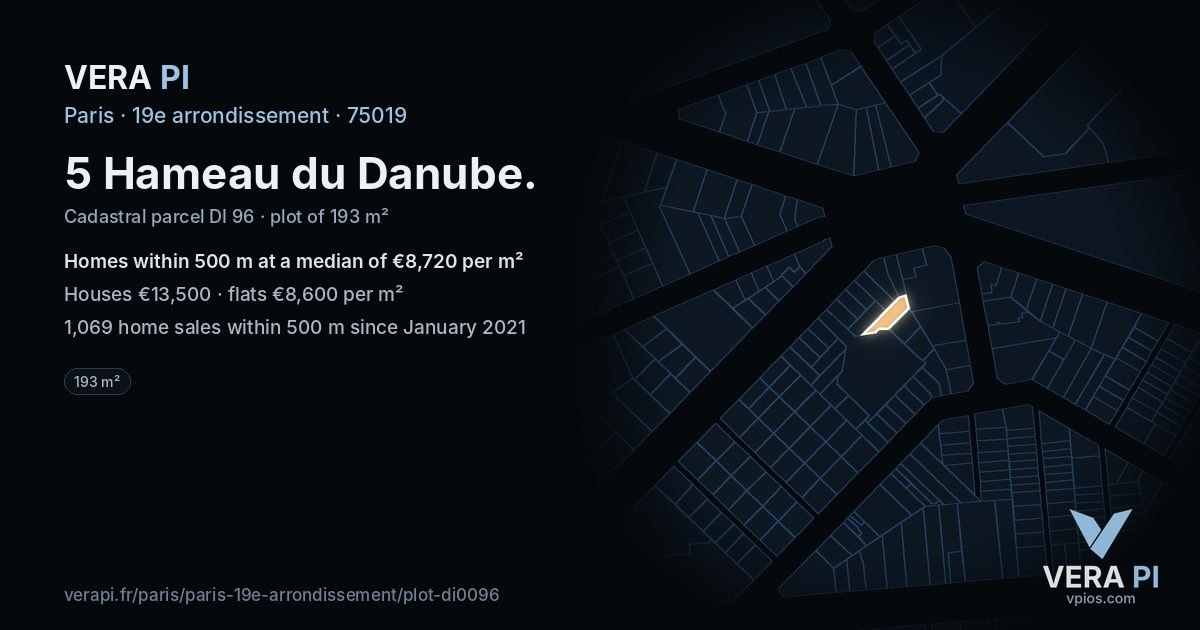 5 Hameau du Danube, 19e arrondissement at night – the plot lit, the parcels around coloured by the prices near them