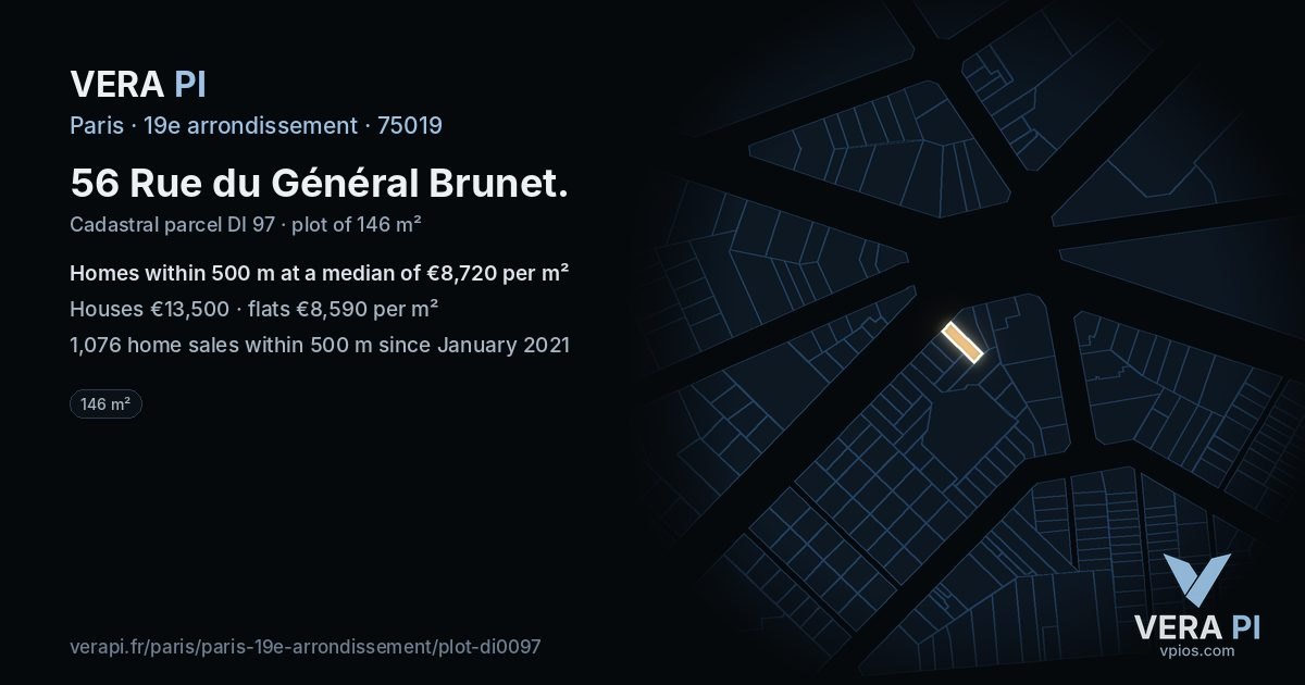 56 Rue du Général Brunet, 19e arrondissement at night – the plot lit, the parcels around coloured by the prices near them
