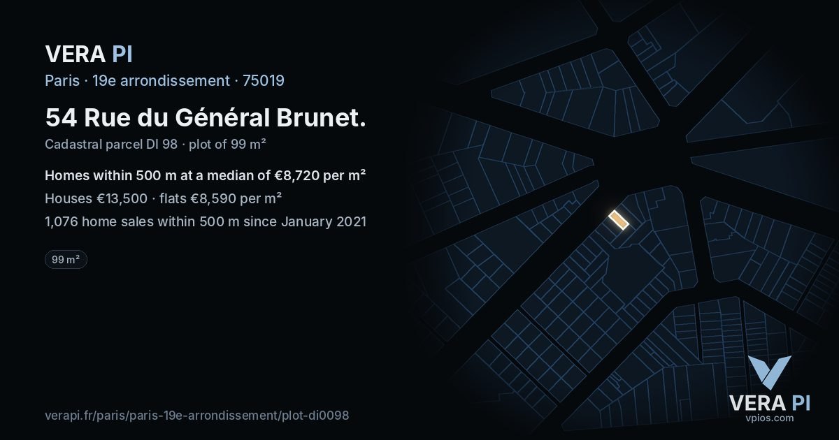 54 Rue du Général Brunet, 19e arrondissement at night – the plot lit, the parcels around coloured by the prices near them