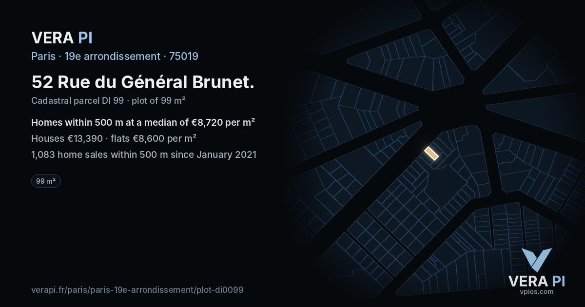 52 Rue du Général Brunet, 19e arrondissement at night – the plot lit, the parcels around coloured by the prices near them