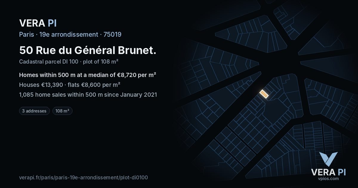 50 Rue du Général Brunet, 19e arrondissement at night – the plot lit, the parcels around coloured by the prices near them