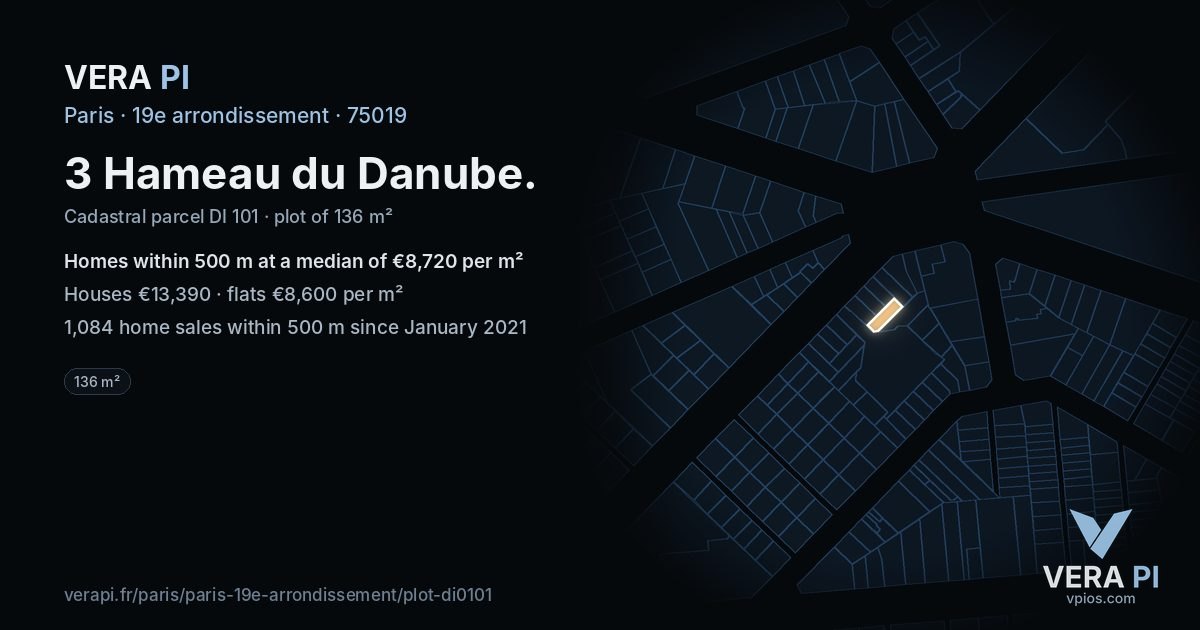 3 Hameau du Danube, 19e arrondissement at night – the plot lit, the parcels around coloured by the prices near them