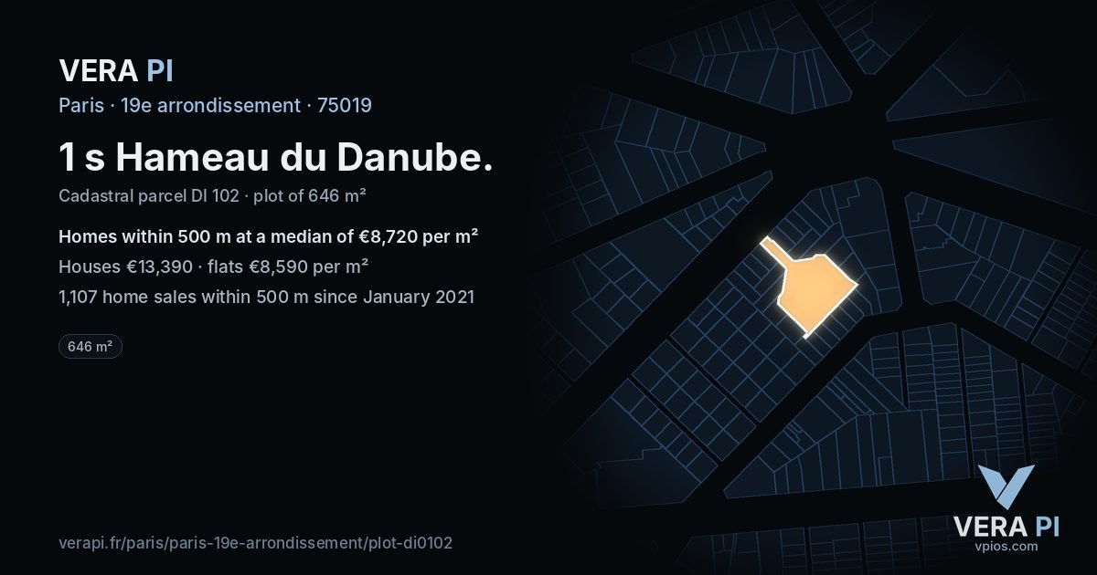 1 s Hameau du Danube, 19e arrondissement at night – the plot lit, the parcels around coloured by the prices near them