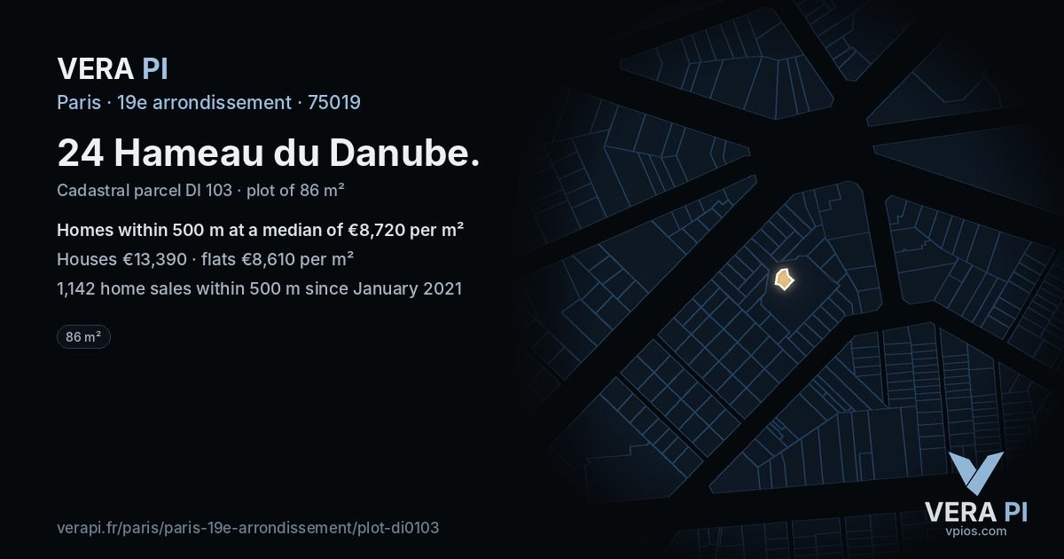 24 Hameau du Danube, 19e arrondissement at night – the plot lit, the parcels around coloured by the prices near them