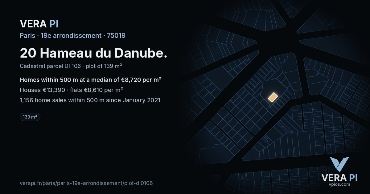 20 Hameau du Danube, 19e arrondissement at night – the plot lit, the parcels around coloured by the prices near them