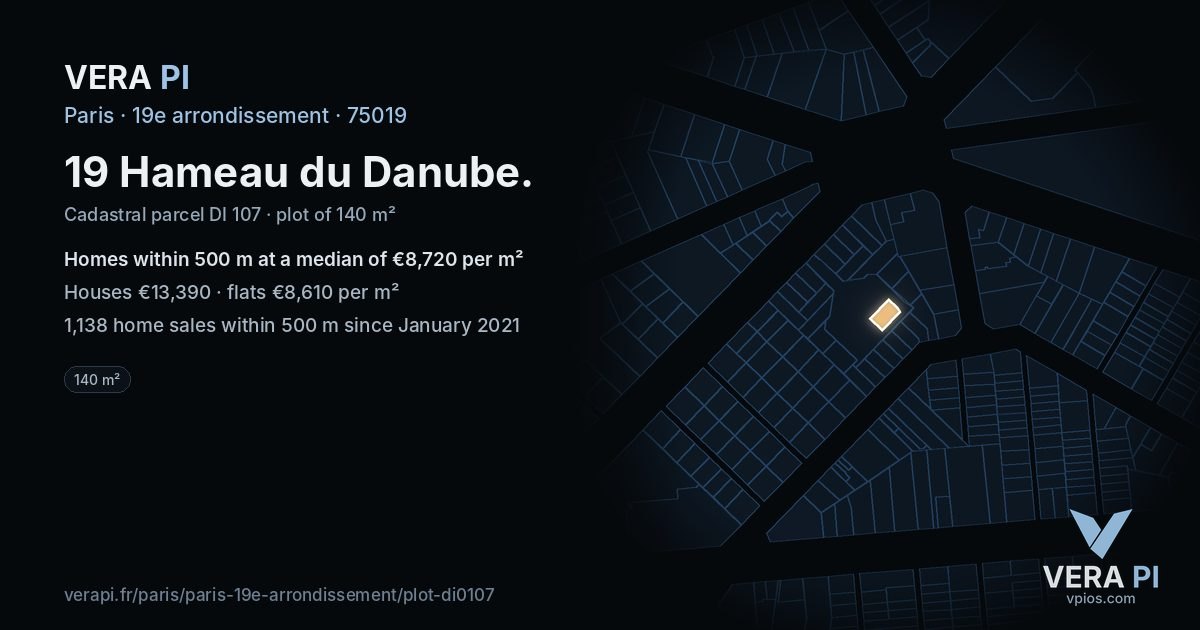 19 Hameau du Danube, 19e arrondissement at night – the plot lit, the parcels around coloured by the prices near them