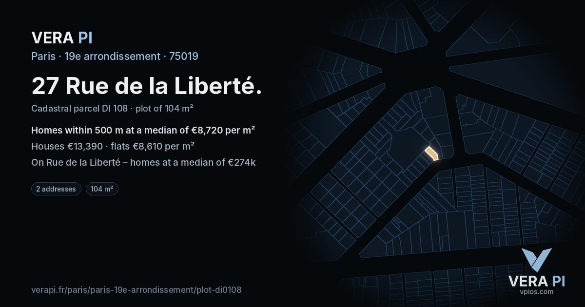 27 Rue de la Liberté, 19e arrondissement at night – the plot lit, the parcels around coloured by the prices near them