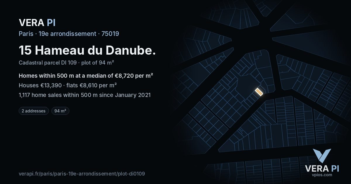 15 Hameau du Danube, 19e arrondissement at night – the plot lit, the parcels around coloured by the prices near them