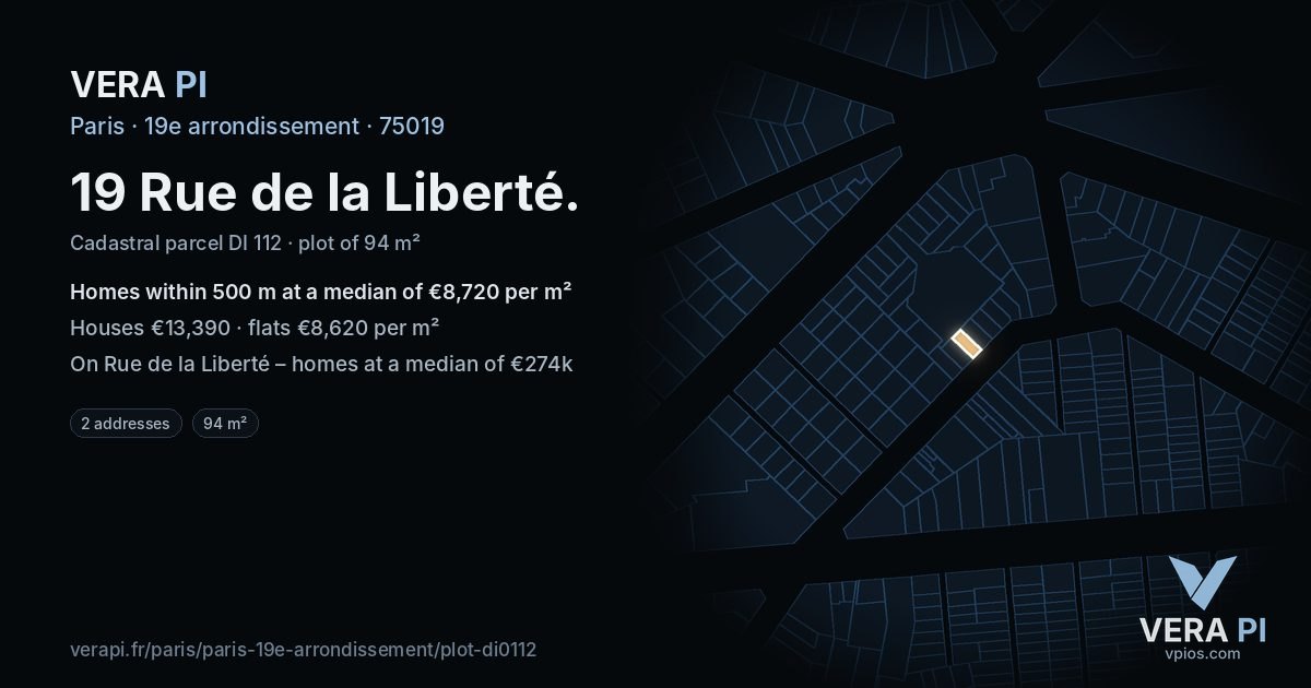 19 Rue de la Liberté, 19e arrondissement at night – the plot lit, the parcels around coloured by the prices near them