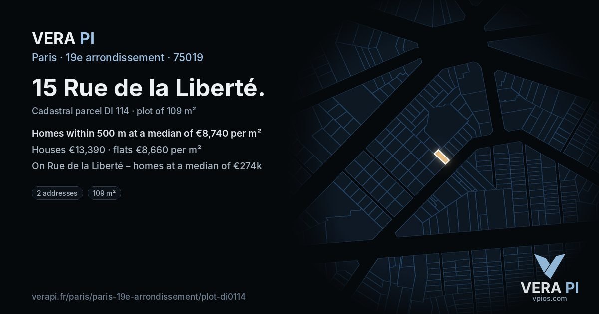15 Rue de la Liberté, 19e arrondissement at night – the plot lit, the parcels around coloured by the prices near them