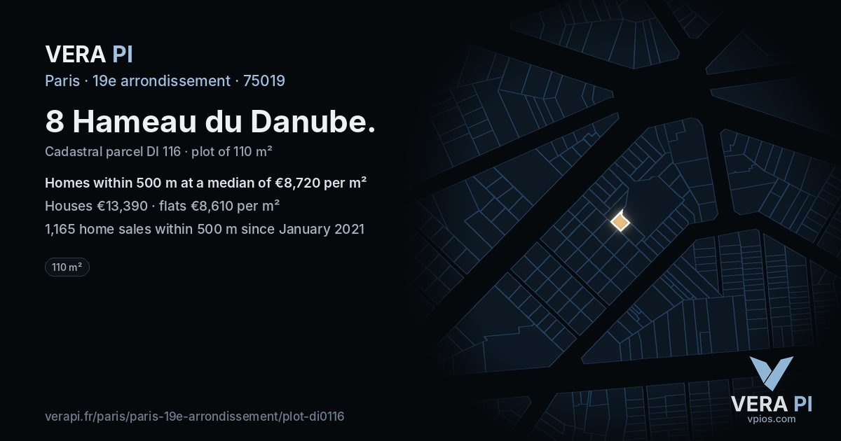 8 Hameau du Danube, 19e arrondissement at night – the plot lit, the parcels around coloured by the prices near them