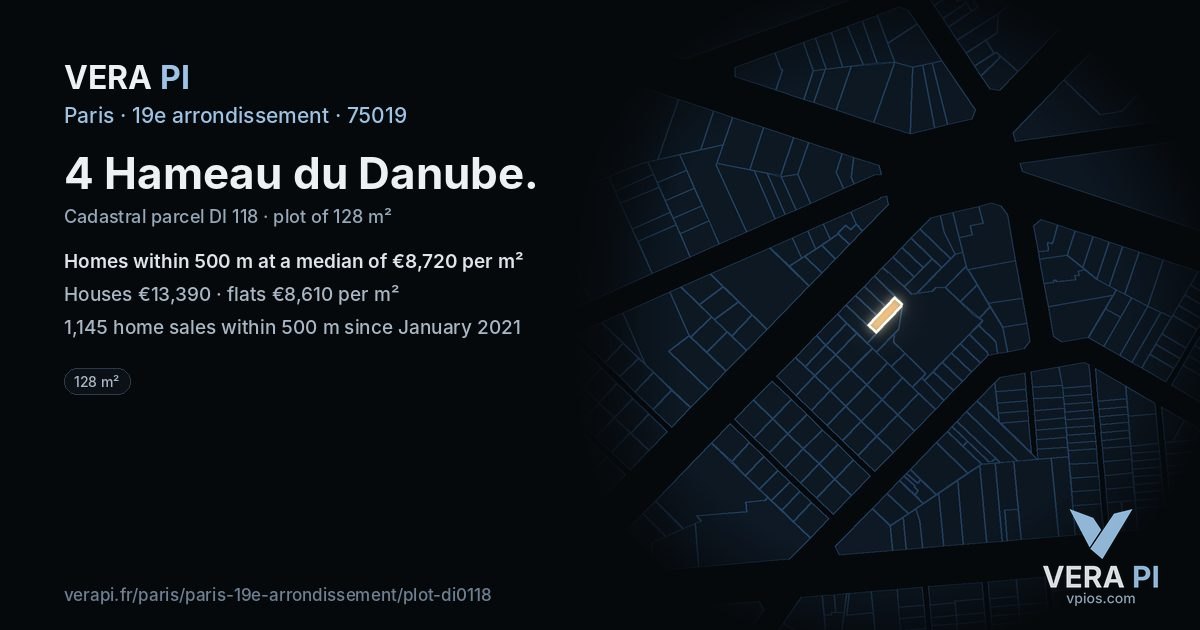 4 Hameau du Danube, 19e arrondissement at night – the plot lit, the parcels around coloured by the prices near them