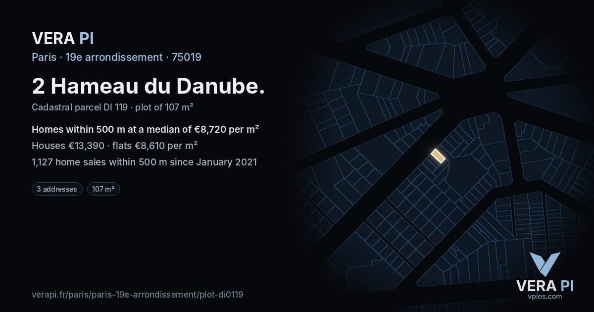2 Hameau du Danube, 19e arrondissement at night – the plot lit, the parcels around coloured by the prices near them