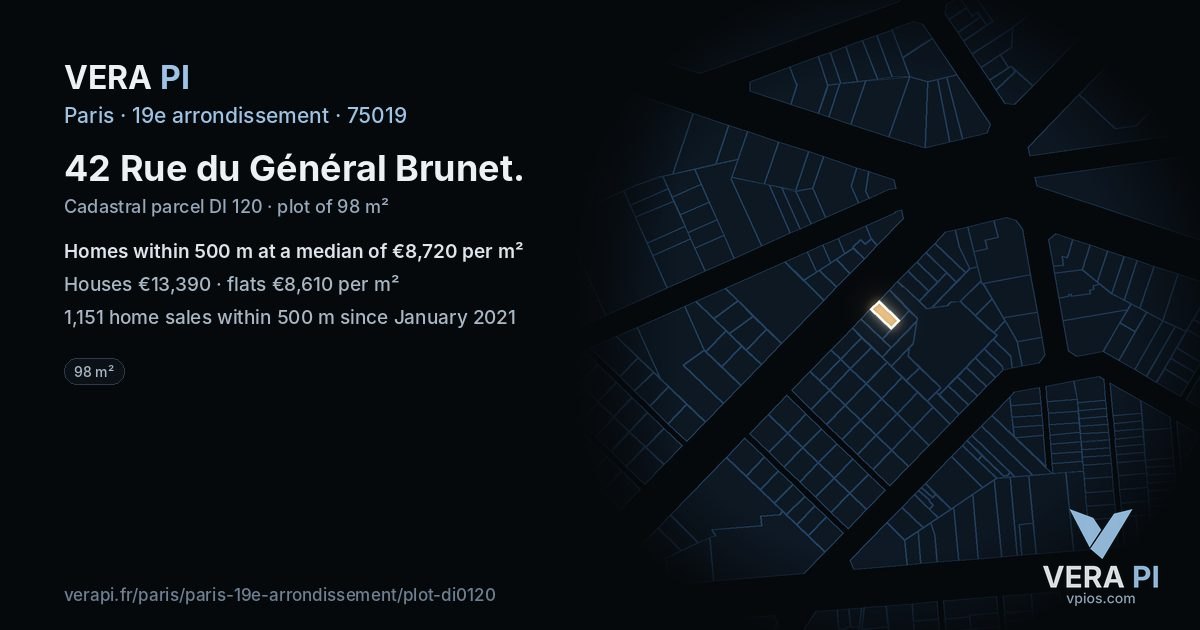 42 Rue du Général Brunet, 19e arrondissement at night – the plot lit, the parcels around coloured by the prices near them