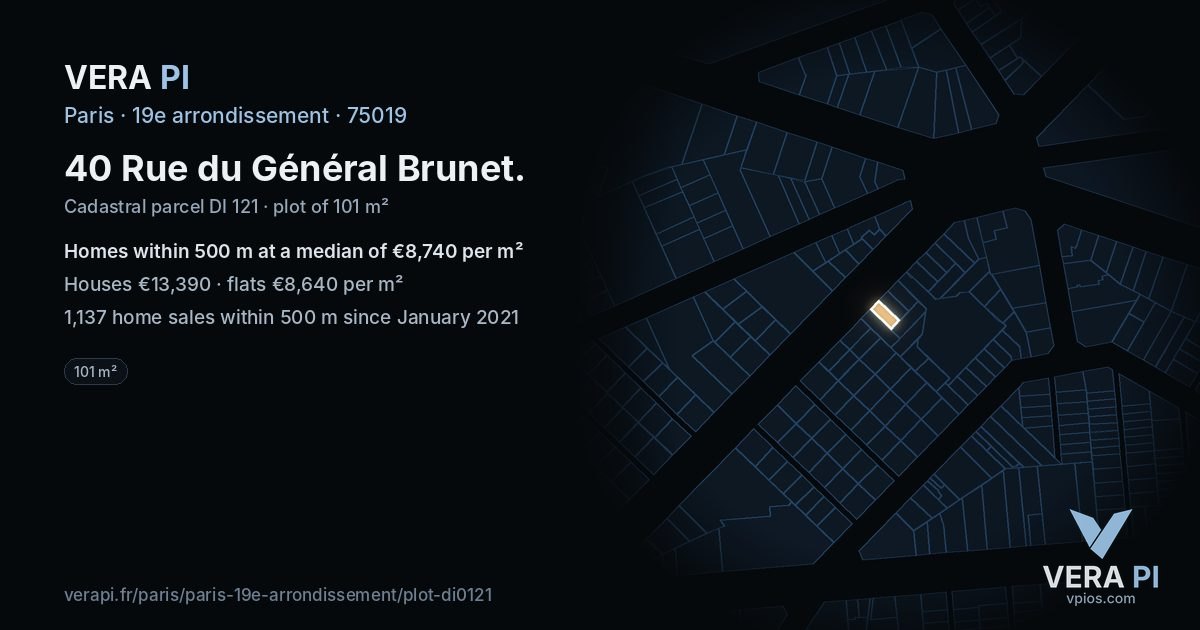 40 Rue du Général Brunet, 19e arrondissement at night – the plot lit, the parcels around coloured by the prices near them