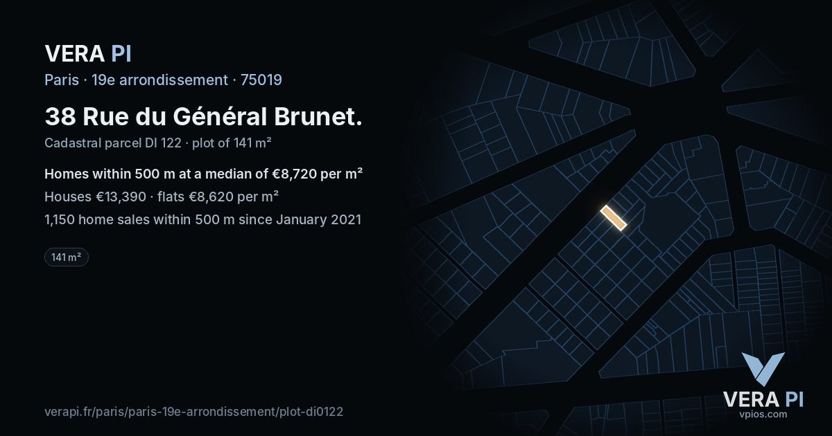 38 Rue du Général Brunet, 19e arrondissement at night – the plot lit, the parcels around coloured by the prices near them