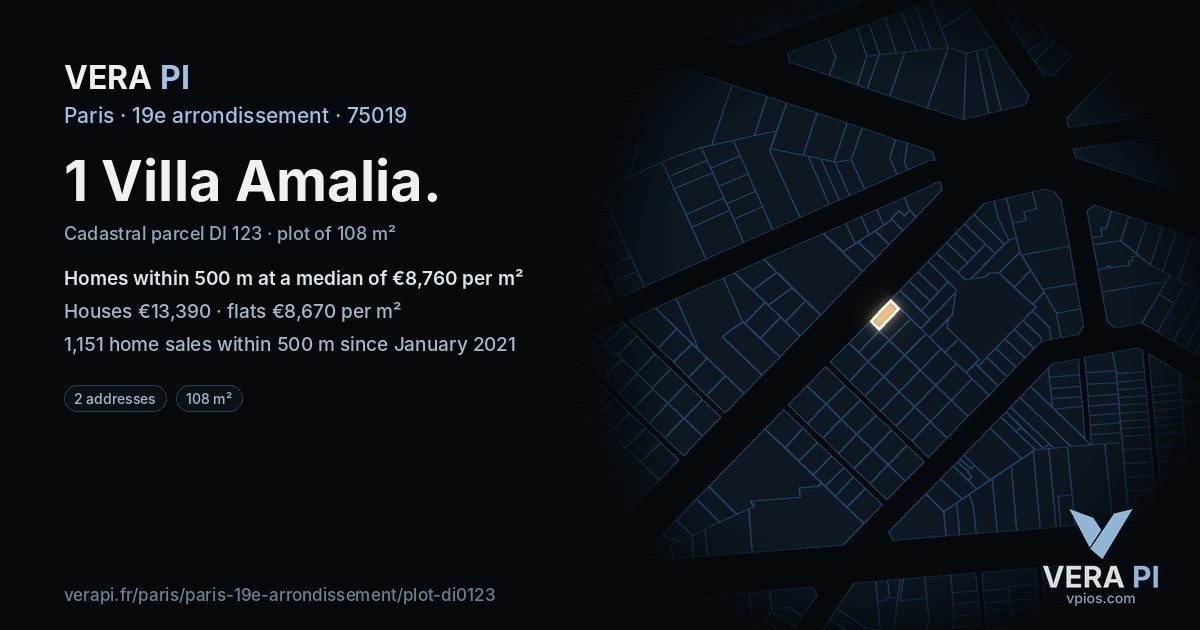 1 Villa Amalia, 19e arrondissement at night – the plot lit, the parcels around coloured by the prices near them