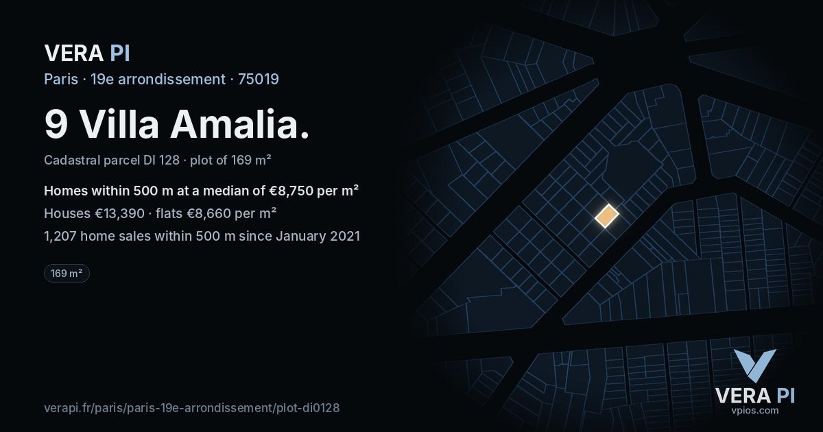 9 Villa Amalia, 19e arrondissement at night – the plot lit, the parcels around coloured by the prices near them