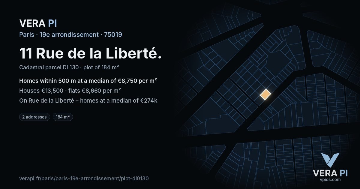 11 Rue de la Liberté, 19e arrondissement at night – the plot lit, the parcels around coloured by the prices near them