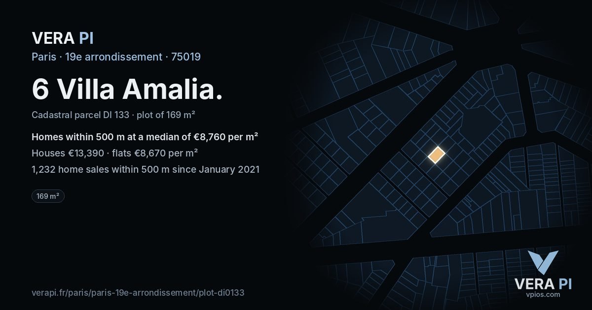 6 Villa Amalia, 19e arrondissement at night – the plot lit, the parcels around coloured by the prices near them