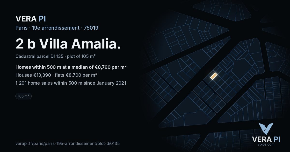 2 b Villa Amalia, 19e arrondissement at night – the plot lit, the parcels around coloured by the prices near them