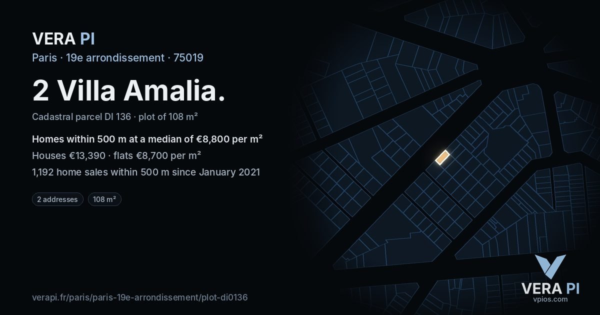 2 Villa Amalia, 19e arrondissement at night – the plot lit, the parcels around coloured by the prices near them