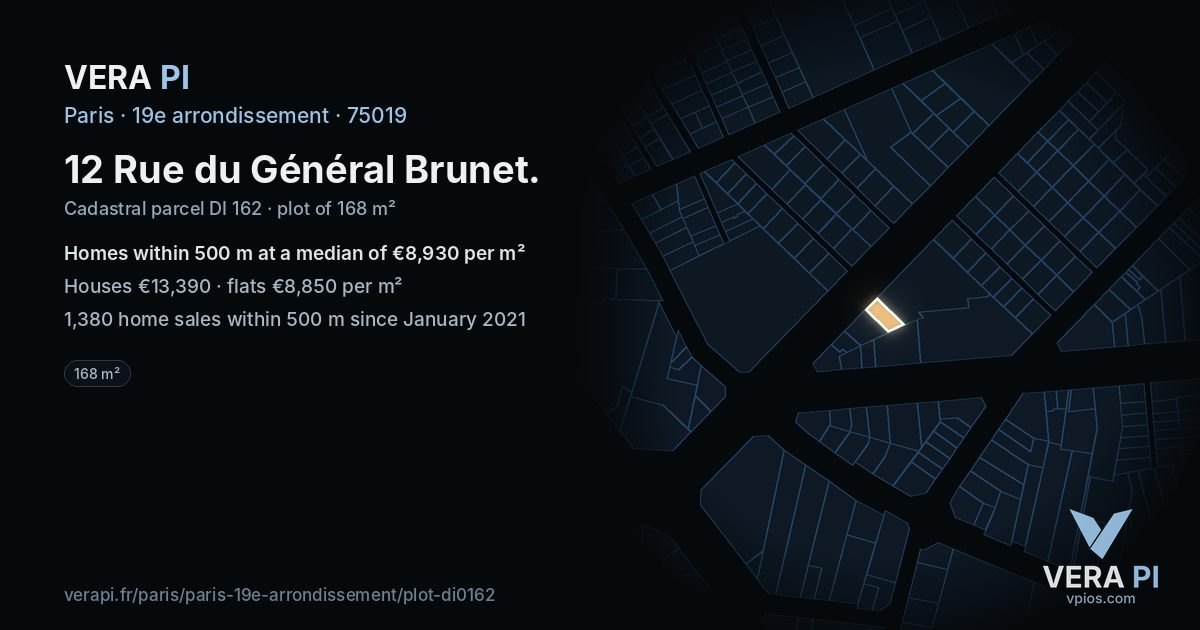12 Rue du Général Brunet, 19e arrondissement at night – the plot lit, the parcels around coloured by the prices near them