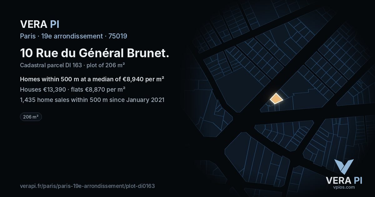 10 Rue du Général Brunet, 19e arrondissement at night – the plot lit, the parcels around coloured by the prices near them