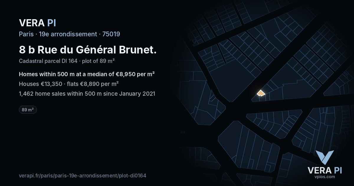 8 b Rue du Général Brunet, 19e arrondissement at night – the plot lit, the parcels around coloured by the prices near them