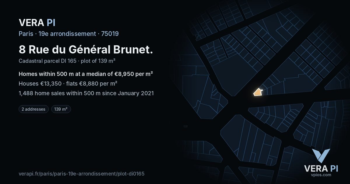 8 Rue du Général Brunet, 19e arrondissement at night – the plot lit, the parcels around coloured by the prices near them