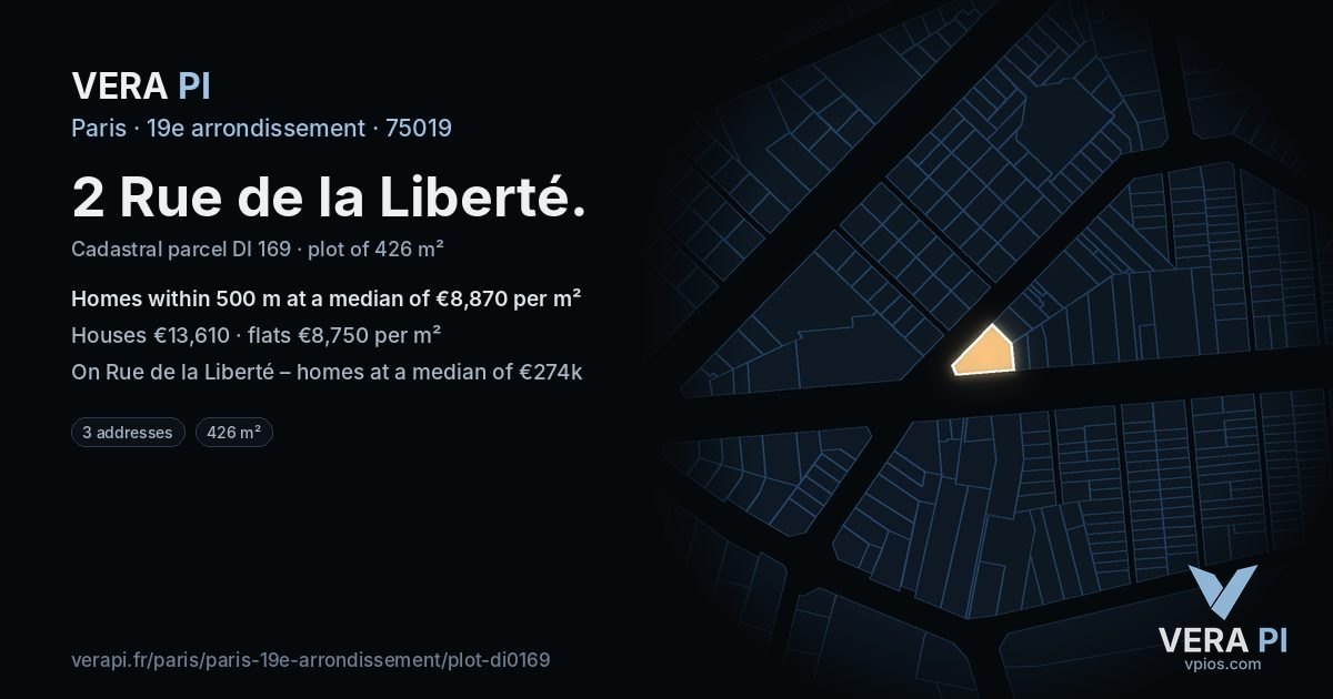2 Rue de la Liberté, 19e arrondissement at night – the plot lit, the parcels around coloured by the prices near them