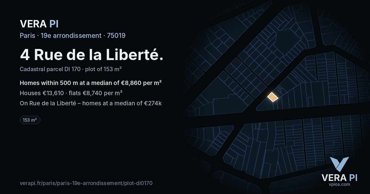 4 Rue de la Liberté, 19e arrondissement at night – the plot lit, the parcels around coloured by the prices near them