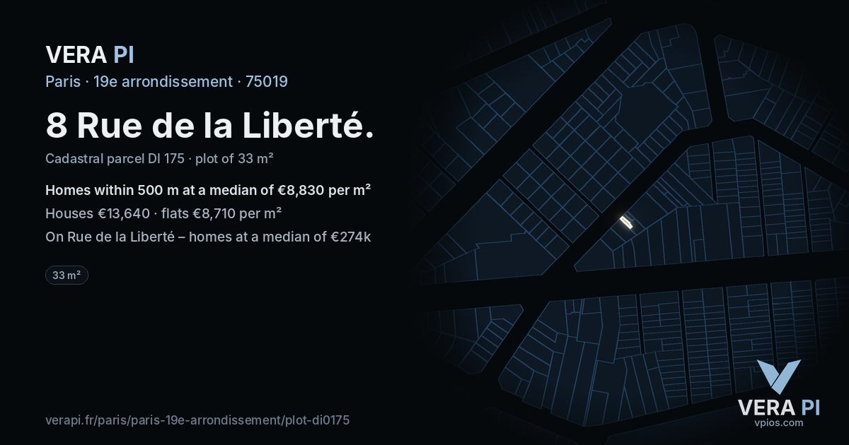 8 Rue de la Liberté, 19e arrondissement at night – the plot lit, the parcels around coloured by the prices near them