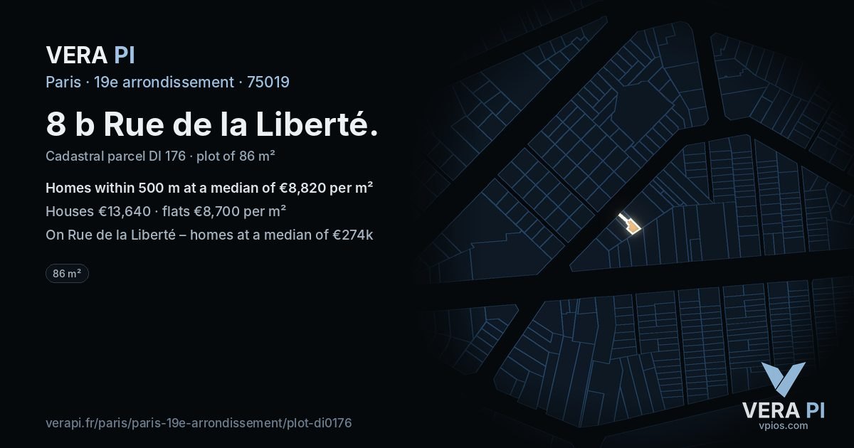 8 b Rue de la Liberté, 19e arrondissement at night – the plot lit, the parcels around coloured by the prices near them