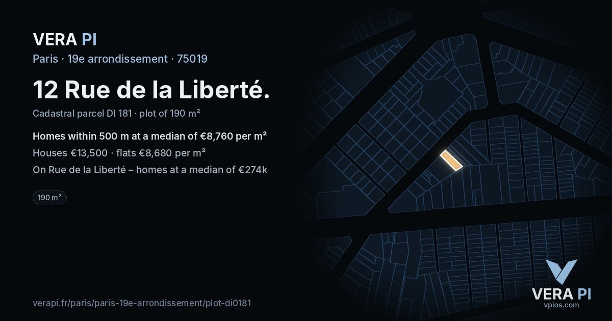 12 Rue de la Liberté, 19e arrondissement at night – the plot lit, the parcels around coloured by the prices near them