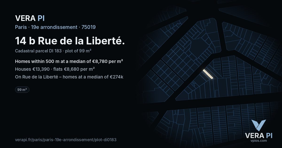 14 b Rue de la Liberté, 19e arrondissement at night – the plot lit, the parcels around coloured by the prices near them