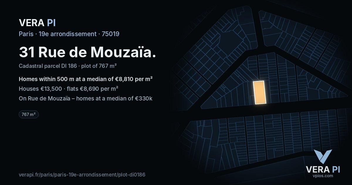 31 Rue de Mouzaïa, 19e arrondissement at night – the plot lit, the parcels around coloured by the prices near them
