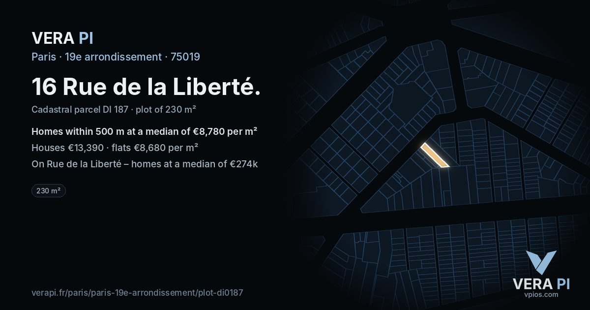 16 Rue de la Liberté, 19e arrondissement at night – the plot lit, the parcels around coloured by the prices near them