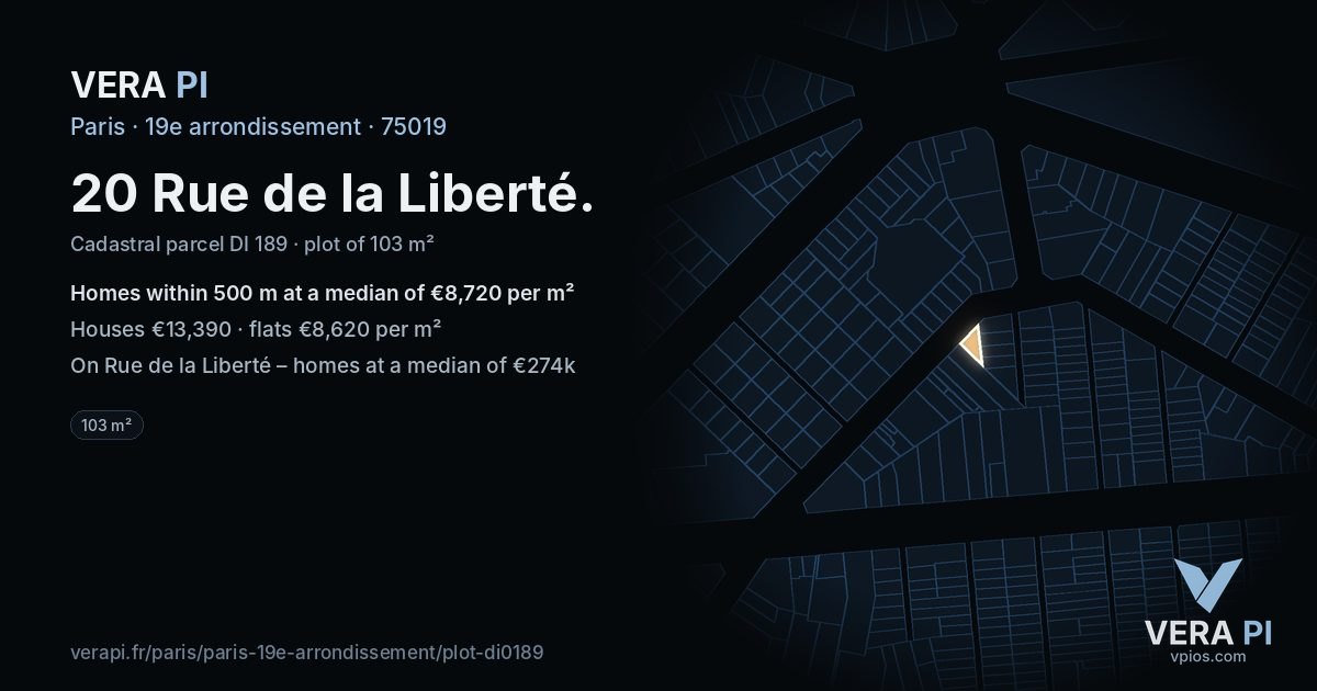 20 Rue de la Liberté, 19e arrondissement at night – the plot lit, the parcels around coloured by the prices near them