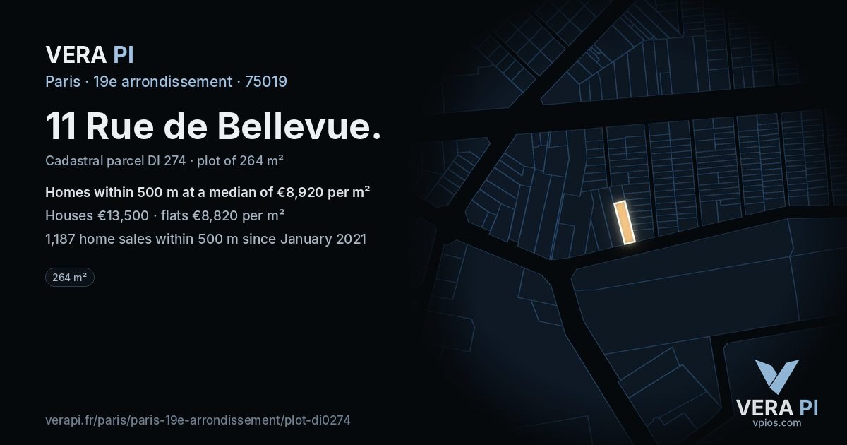 11 Rue de Bellevue, 19e arrondissement at night – the plot lit, the parcels around coloured by the prices near them