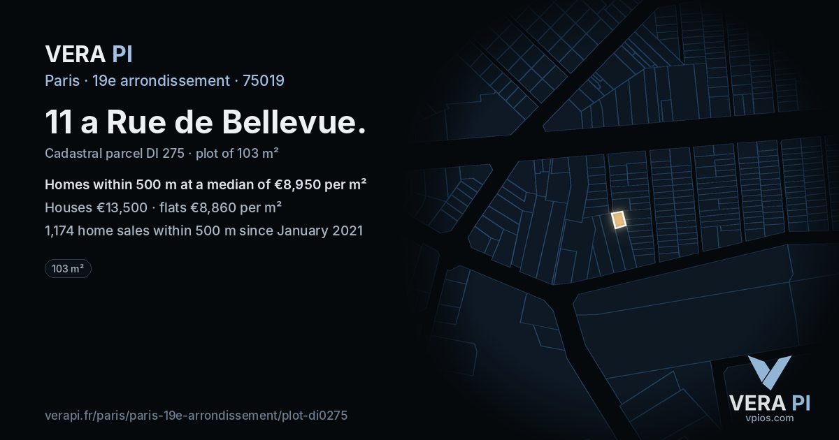 11 a Rue de Bellevue, 19e arrondissement at night – the plot lit, the parcels around coloured by the prices near them