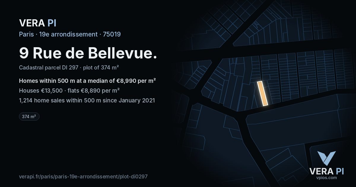 9 Rue de Bellevue, 19e arrondissement at night – the plot lit, the parcels around coloured by the prices near them