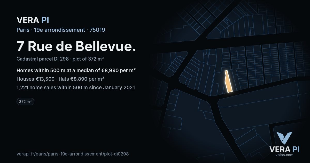 7 Rue de Bellevue, 19e arrondissement at night – the plot lit, the parcels around coloured by the prices near them