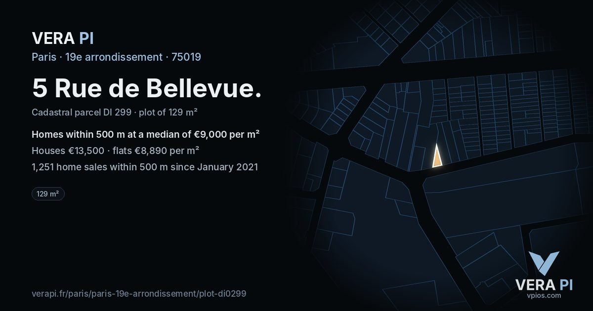 5 Rue de Bellevue, 19e arrondissement at night – the plot lit, the parcels around coloured by the prices near them