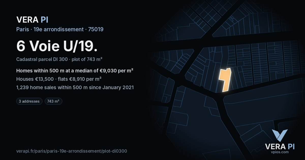 6 Voie U/19, 19e arrondissement at night – the plot lit, the parcels around coloured by the prices near them
